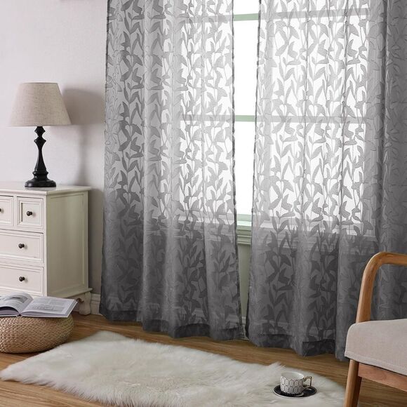 Charcoal Grey Textured Leaf Design Sheer Curtains, 2 Panels Jacquard Curtain - Picture 5 of 11